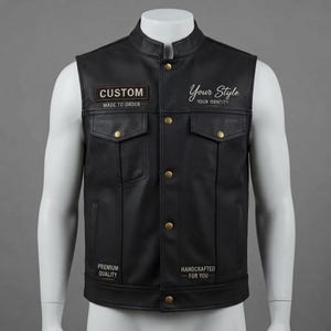 Motorvest voor heren - Zwart leren biker model met drukknopen