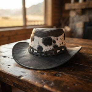 May include: A black leather cowboy hat featuring a wide brim and a crown accented with a band of white and black cowhide fur. The hat includes a braided leather trim detail encircling the base of the crown, providing a textured finish.
