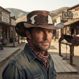 May include: A brown leather cowboy hat featuring a cowhide print band around the crown and a braided leather trim. The hat has a wide, curved brim and a structured design, worn with a dark denim shirt and a patterned maroon neckerchief.