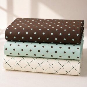 Chocolate Mint Polka Dot Lattice Cotton Poplin Fabric Bundle, Retro Earth‑Tone Coordinate Set, 55" Wide Sold By The Yard