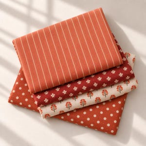 Terracotta Autumn Coordinating Bundle Cotton Poplin Fabric Set, Rust Stripe Ditsy Floral Polka Dot Sewing Fabrics, 55" Wide By The Yard