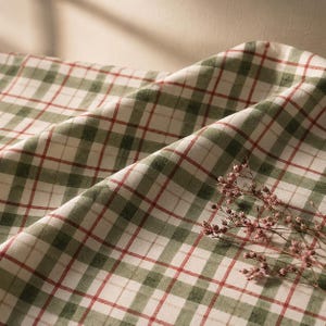 Peut inclure: Un tissu à motif écossais composé de lignes entrecroisées vert sourd et rouge fin sur un fond blanc cassé. Le textile est drapé en plis souples, et une petite branche séchée avec de minuscules bourgeons bruns repose sur la surface du tissu.