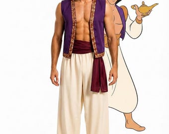 May include: A costume consisting of a sleeveless purple vest with gold patterned trim, a dark red sash, and cream-colored harem pants with elasticized ankles. A small red fez hat is worn on the head, completing the ensemble inspired by a character.