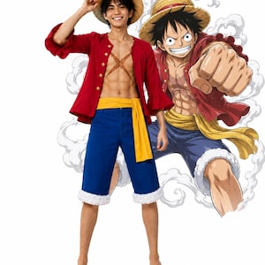 May include: A costume consisting of a red open-front shirt with gold buttons, blue shorts with white frayed hems, a yellow sash, and a straw hat. The outfit is displayed alongside an illustration of a character wearing the same ensemble.