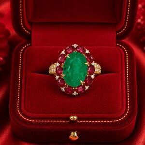 Puede incluir: Un anillo de oro con una gran piedra central verde de corte ovalado rodeada por un halo de piedras rojas ovaladas y pequeñas piedras blancas. La banda está dividida e incrustada con diminutas piedras blancas, presentado en un joyero de terciopelo rojo.
