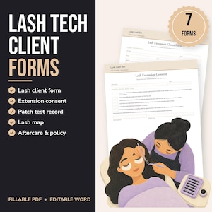 May include: A set of 7 printable lash tech client forms including a lash extension client form, consent form, patch test record, lash map, and aftercare policy. The documents feature a graphic illustration of a technician applying lash extensions.