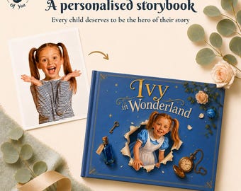 May include: A personalized storybook titled Ivy in Wonderland with a blue cover featuring a girl in a blue dress, a gold key, a blue potion bottle, and a pocket watch. The book includes a photo of a girl with pigtails and the text An Inkling of You.