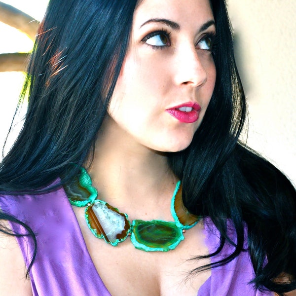 Large Rainbow Agate and Quartz Statement Necklace