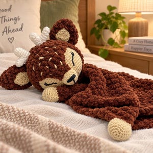 Puede incluir: Una manta de seguridad de ganchillo en color marrón y crema con una cabeza de ciervo de peluche con ojos cerrados, orejas pequeñas y astas blancas. El cuerpo del ciervo es una manta marrón texturizada con puntas de color crema.