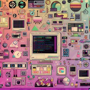 May include: A digital illustration featuring a gradient background transitioning from orange to purple, densely packed with retro computer monitors, vintage electronic devices, and abstract geometric icons, all rendered in a colorful, pixelated aesthetic.