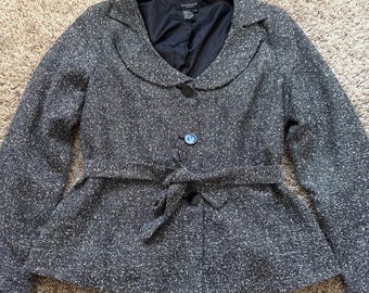 Sandro Sportswear Black White Tweed Belted Blazer Jacket XL Peter Pan Collar