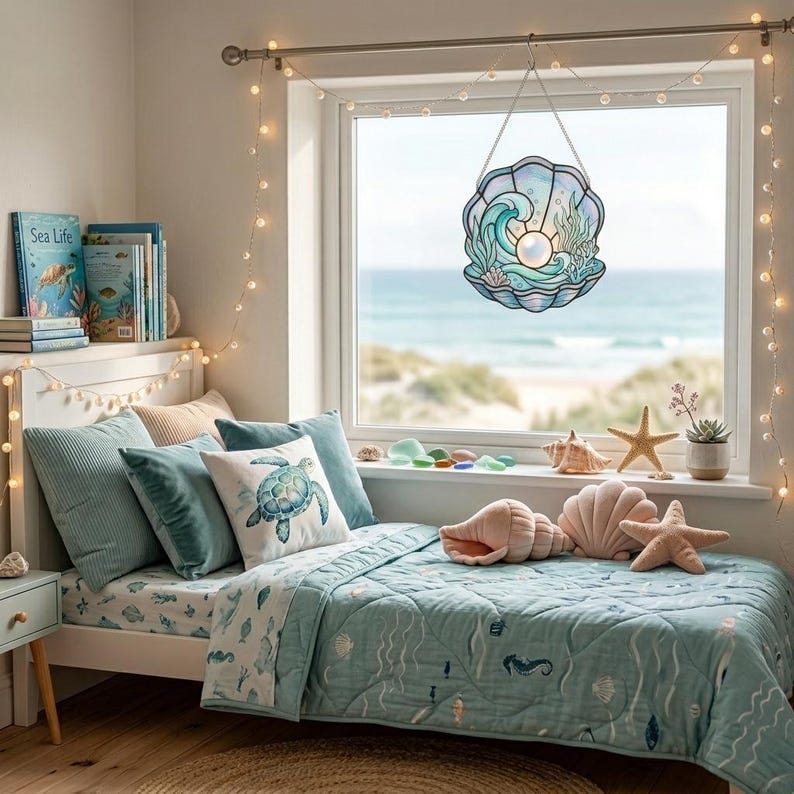 Puede incluir: Un atrapasoles de vidrieras con forma de concha abierta con una perla central, olas azules y algas verdes. La pieza cuelga en una ventana sobre una cama con una colcha azul claro con patrones de vida marina y varios cojines en forma de concha.