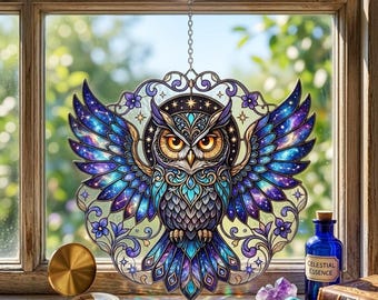 Attrape-soleil hibou galaxie en vitrail pour les amoureux de la nature | Décoration de fenêtre colorée | Décoration bohème | Cadeau pour maman | Cadeau pour les passionnés de hiboux
