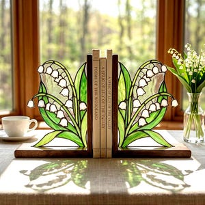 Lily of the Valley Stained Glass Bookends, Walnut Wood Botanical Book Decor, Cottagecore Home Gift, Book Lover Gift, Housewarming Gift