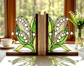 Lily of the Valley Stained Glass Bookends, Walnut Wood Botanical Book Decor, Cottagecore Home Gift, Book Lover Gift, Housewarming Gift