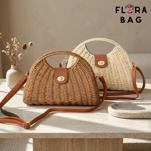 May include: Two woven straw handbags with brown leather-like trim and gold-tone turn-lock closures. One bag is dark brown and the other is light beige. Both feature integrated handles and detachable shoulder straps. Text reads: BOUTIQUE FLORA BAG.