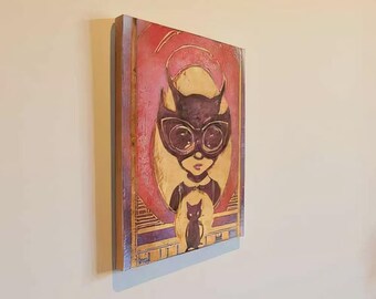 Opera d'arte da parete in metallo raffigurante un ragazzo gatto in stile Pop Surrealismo. Rame inciso e martellato a mano, dimensioni 30 x 40 cm.