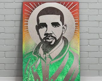 Ritratto di Drake. Opera d'arte originale ed esclusiva da appendere al muro in metallo. Materiali e dimensioni personalizzabili.