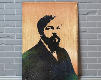 Ritratto di Claude Debussy. Opera d'arte da parete in metallo. Materiali e dimensioni personalizzabili.