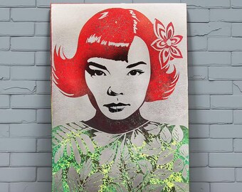 Ritratto di Björk. Opera d'arte originale ed esclusiva da appendere al muro in metallo. Materiali e dimensioni personalizzabili.