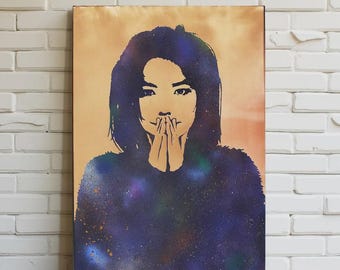 Ritratto di debutto di Björk. Opera d'arte in metallo da parete. Materiali e dimensioni personalizzabili.