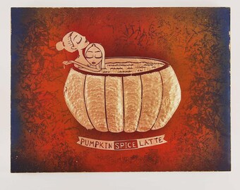 Pumpkin Spice Latte, opera d'arte in metallo in stile Pop Surrealismo. Rame inciso e martellato a mano, dimensioni 30 x 40 cm.