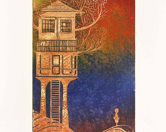 Casa sull'albero, arte murale in metallo in stile Pop Surrealismo. Rame inciso a mano, dimensioni 21 x 30 cm.