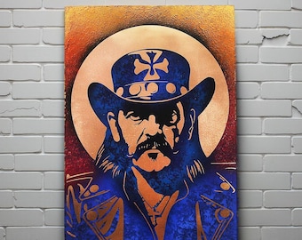 Ritratto di Lemmy Kilmister dei Motorhead. Opera d'arte originale ed esclusiva da appendere al muro in metallo. Materiali e dimensioni personalizzabili.