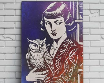 Quadro da parete in metallo raffigurante una donna con un gufo. Opera originale. Alluminio. Dimensioni: 30 x 40 cm (12x16").