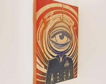 Opera d'arte murale in metallo raffigurante un occhio malvagio in stile Pop Surrealista. Rame inciso a mano, dimensioni 21 x 30 cm.