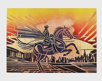 Opera d'arte murale in metallo incisa a mano: Cowboy di Comic City, opera originale in rame (50 x 70 cm)