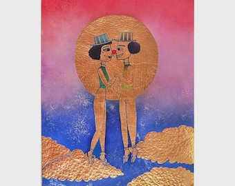 Opera d'arte murale in metallo incisa a mano: Folli innamorati, opera originale in rame (50 x 70 cm)