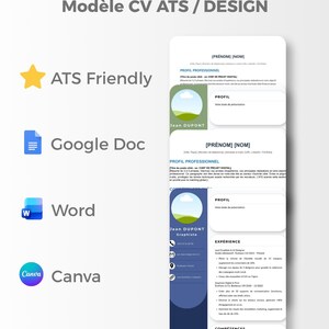 Modèle CV ats et design canva, word, google docs | template CV français moderne | CV professionnel