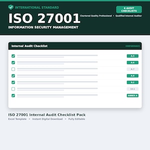 May include: An ISO 27001 Information Security Management internal audit checklist document. The graphic features a dark green header with white text, a white checklist area with green checkmarks, and labels including A.5, A.6, A.8, 9.2, and ANNEX A.