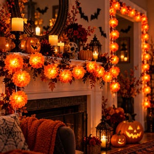 May include: A Halloween fireplace mantel display featuring a string of glowing orange flower-shaped lights, carved jack-o'-lanterns, pillar candles, a decorative skull, black bat silhouettes, and dark foliage arranged around a mirror.