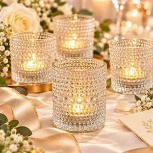 May include: Three clear glass votive candle holders with a textured, raised dot pattern on the exterior. Each cylindrical holder contains a lit tea light candle, casting a warm glow through the dimpled glass surface, creating a sparkling effect.