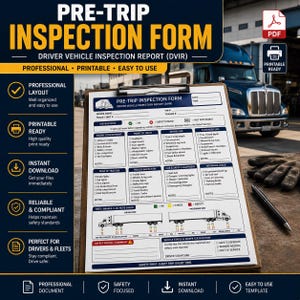 May include: A white Pre-Trip Inspection Form on a clipboard with blue text and graphics. The form includes sections for engine, truck, trailer, and brake checks, with checkboxes for status, a driver signature line, and a truck illustration.