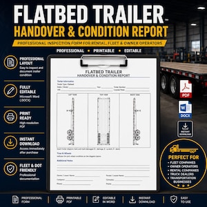 May include: A black clipboard holding a Flatbed Trailer Handover & Condition Report form. The document features diagrams of a trailer from the left, top, and right sides, with sections for trailer information, tires, wheels, and owner or renter details.