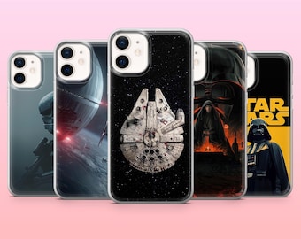 May include: Five clear smartphone cases featuring Star Wars imagery. Designs include a Death Star, the Millennium Falcon against a starry background, a dark character portrait, and a Darth Vader figure with the yellow Star Wars logo text.