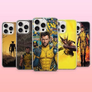 May include: A collection of five smartphone cases featuring various graphic illustrations of the character Wolverine. The designs include comic book covers, cinematic depictions of the character in a yellow and blue suit, and silhouettes.