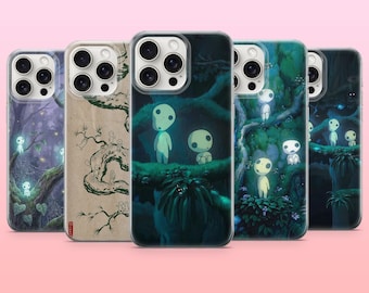 May include: Five smartphone cases featuring various artistic illustrations of small, pale, round-headed forest spirits. The designs depict these figures perched on tree branches, set against dark, lush, green, and purple forest backgrounds.