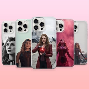 May include: A collection of five smartphone cases featuring various photographic prints of a character with long auburn hair wearing a red jacket and dark clothing. Each case displays a different scene, including black and white and red-toned images.