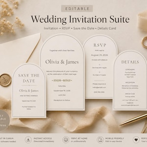 May include: An editable wedding invitation suite featuring arch-shaped cards in cream with black serif text. The set includes a main invitation, RSVP card, details card, and save the date card, all displaying wedding details for Olivia and James.