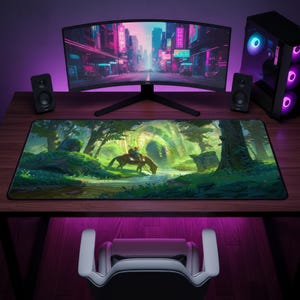 May include: A rectangular desk mat featuring a vibrant, detailed illustration of a person riding a horse through a lush, green forest with ancient stone ruins. The mat has a black border and is positioned on a wooden desk surface.
