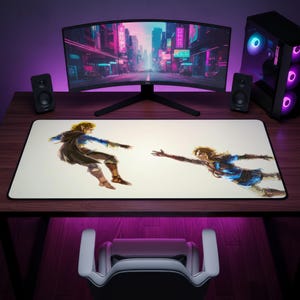 May include: A rectangular desk mat featuring a white background with a printed illustration of two figures reaching toward each other, reminiscent of the Creation of Adam, with both characters wearing blue tunics, brown boots, and brown capes.