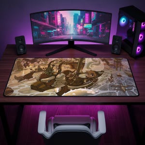 May include: A rectangular desk mat featuring a colorful illustration of a cartoon character sailing a small boat on water, with a curved computer monitor, two black speakers, and a desktop computer tower with purple lighting on a wooden desk.