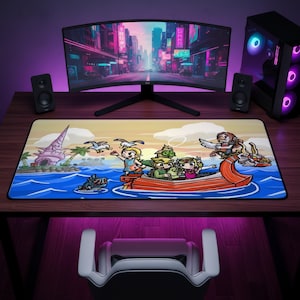 May include: A rectangular desk mat featuring a colorful cartoon illustration of characters from The Legend of Zelda series sailing on a red boat across a blue ocean, with a tropical island, seagulls, and a pink tower visible in the background.