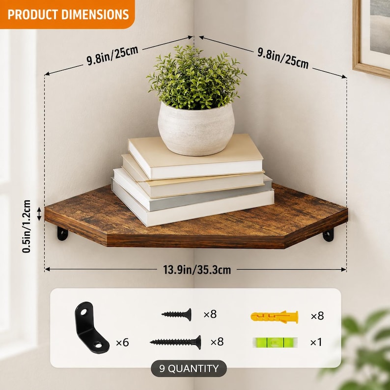 Puede incluir: Un estante de esquina de madera marr&oacute;n r&uacute;stica que mide 25 cm por 25 cm por 35,3 cm con un grosor de 1,2 cm. El conjunto incluye 6 soportes met&aacute;licos negros, 8 tornillos, 8 tacos de pared y 1 nivel para la instalaci&oacute;n.