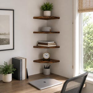 Puede incluir: Un conjunto de cuatro estantes de esquina de madera marr&oacute;n oscuro montados en una pared. Los estantes tienen forma triangular y est&aacute;n dispuestos verticalmente. Sostienen una peque&ntilde;a planta en maceta, un objeto cil&iacute;ndrico gris, libros, un reloj y un portal&aacute;pices.