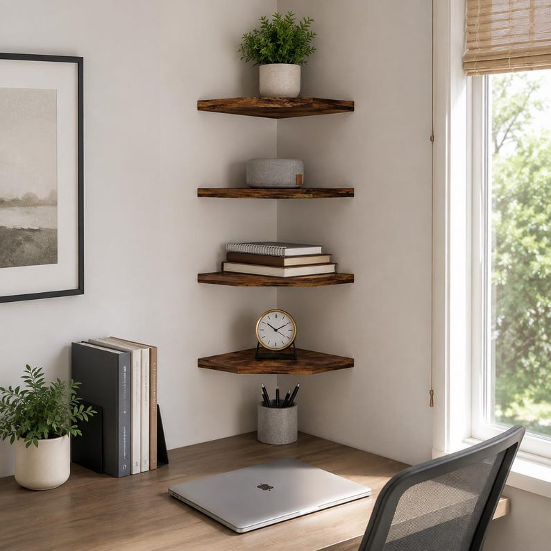 Puede incluir: Un conjunto de cuatro estantes de esquina de madera marr&oacute;n oscuro montados en una pared. Los estantes tienen forma triangular y est&aacute;n dispuestos verticalmente. Sostienen una peque&ntilde;a planta en maceta, un objeto cil&iacute;ndrico gris, libros, un reloj y un portal&aacute;pices.